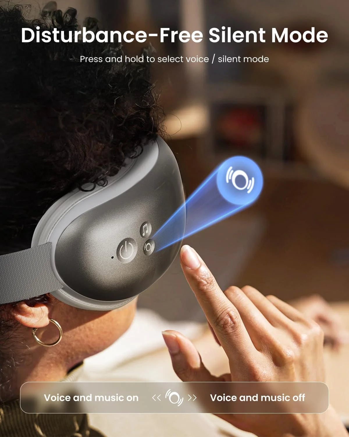 Eye Massager with Heat & Vibration – 5 Massage Modes, Bluetooth Music, Adjustable Headband, USB Rechargeable - Gray