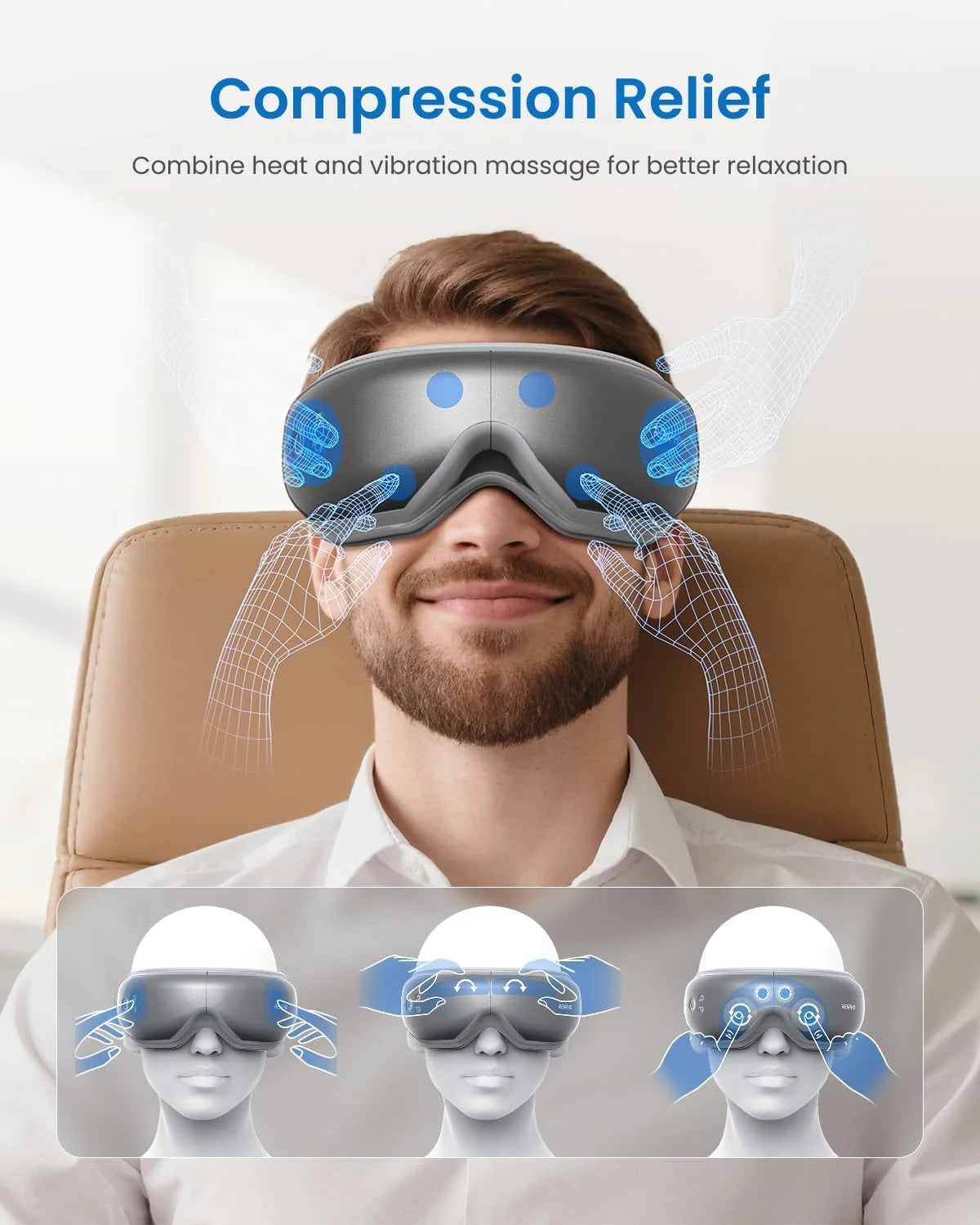 Eye Massager with Heat & Vibration – 5 Massage Modes, Bluetooth Music, Adjustable Headband, USB Rechargeable - Gray